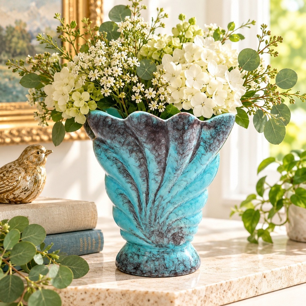 Vintage Turquoise Sponged Ceramic Fluted Vase Scalloped Rim 2629 Mid Century